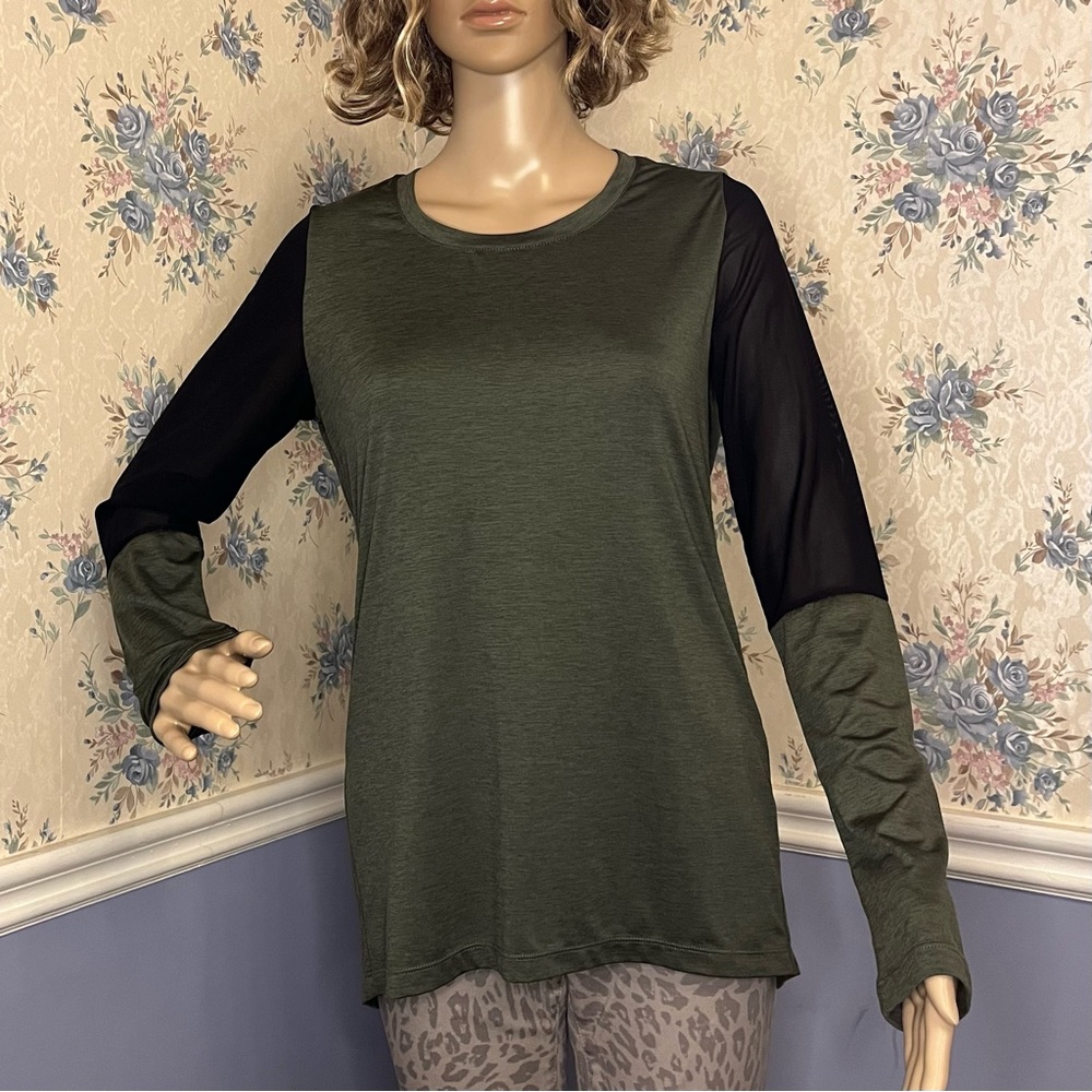 Ayo Hunter Green Black Mesh Stretchy Long Sleeve Shirt, Size M